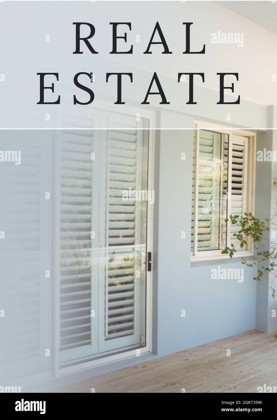 Real estate text over view of modern exterior design of house door and window Stock Photo