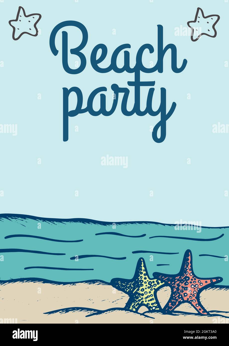 Digitally generated image of beach party text over star fish icon on the beach Stock Photo