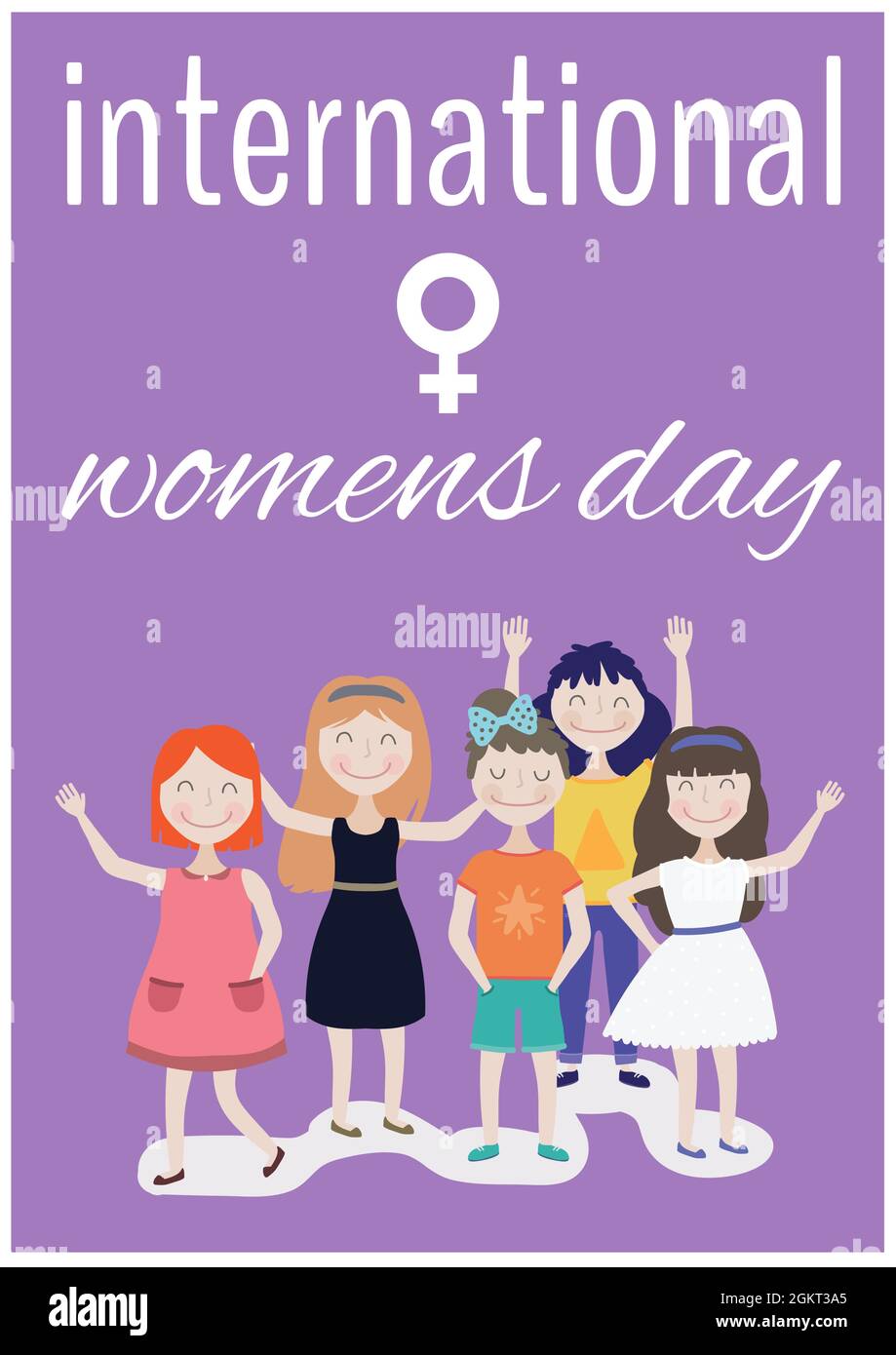 International women's day text and female gender symbol over women icons on purple background Stock Photo