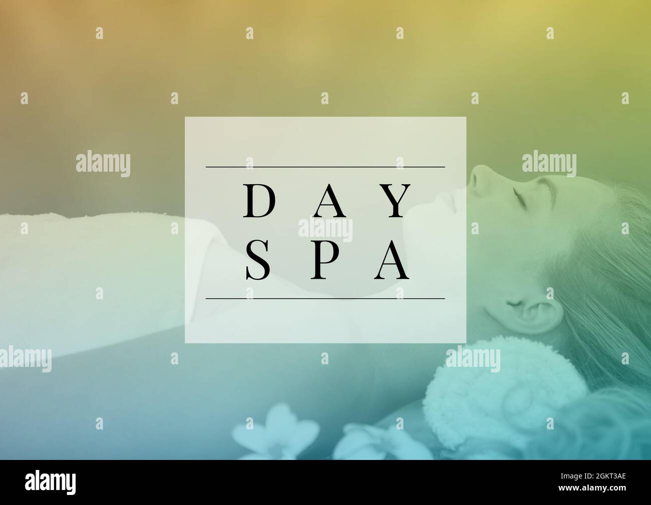 Day spa text banner over woman lying for a massage against gradient background Stock Photo
