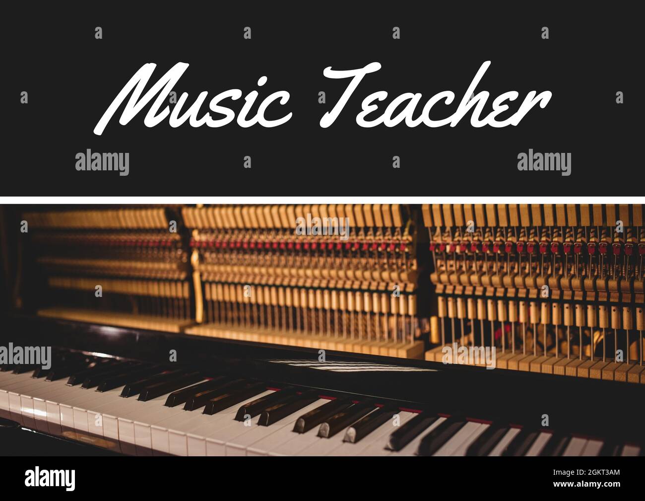 Music teacher text banner over piano against black background Stock Photo