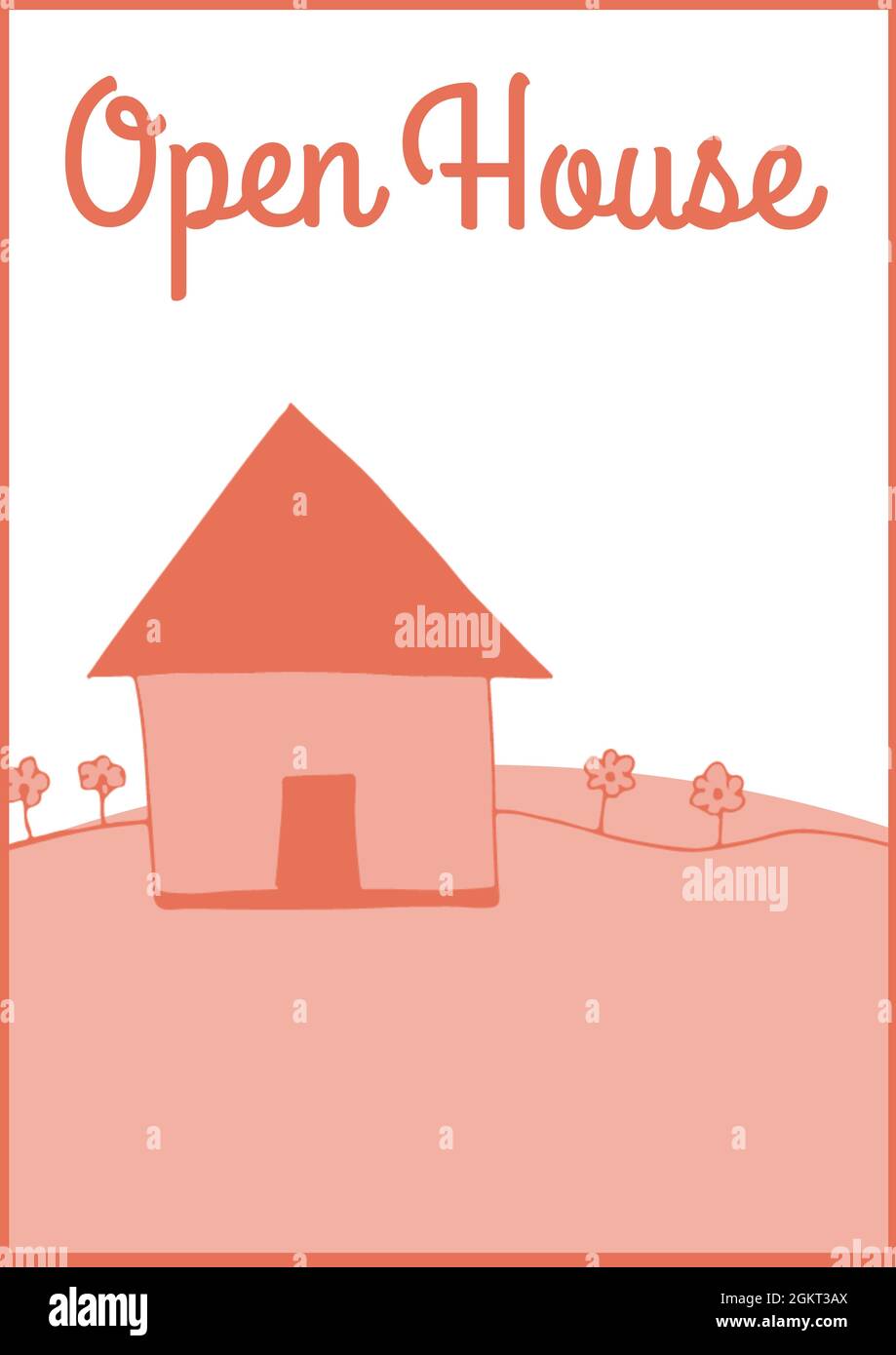Digitally generated image of open house text over landscape with a house icon on white background Stock Photo