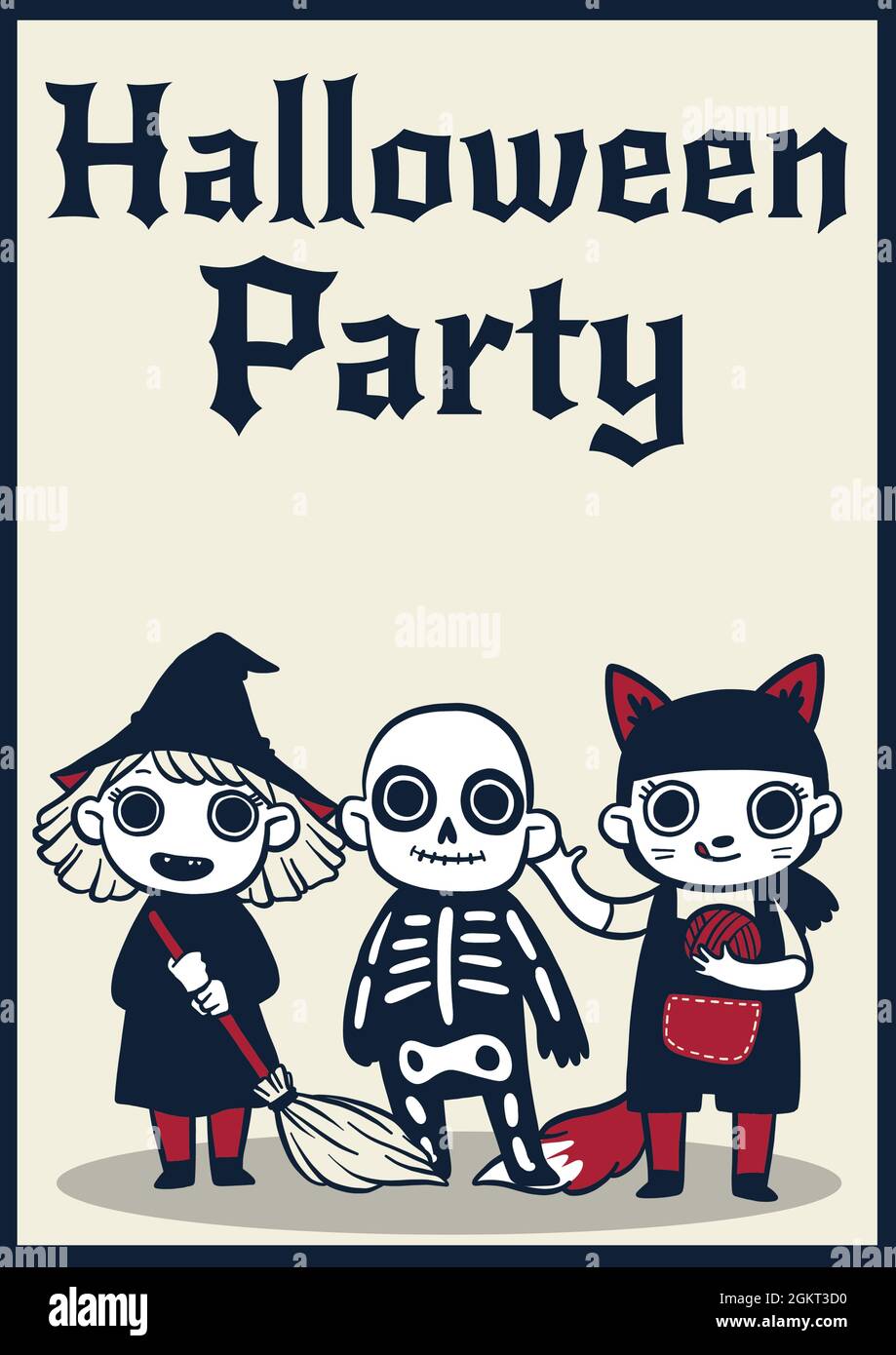Halloween party text over witch, skeleton and cat icon against yellow background Stock Photo