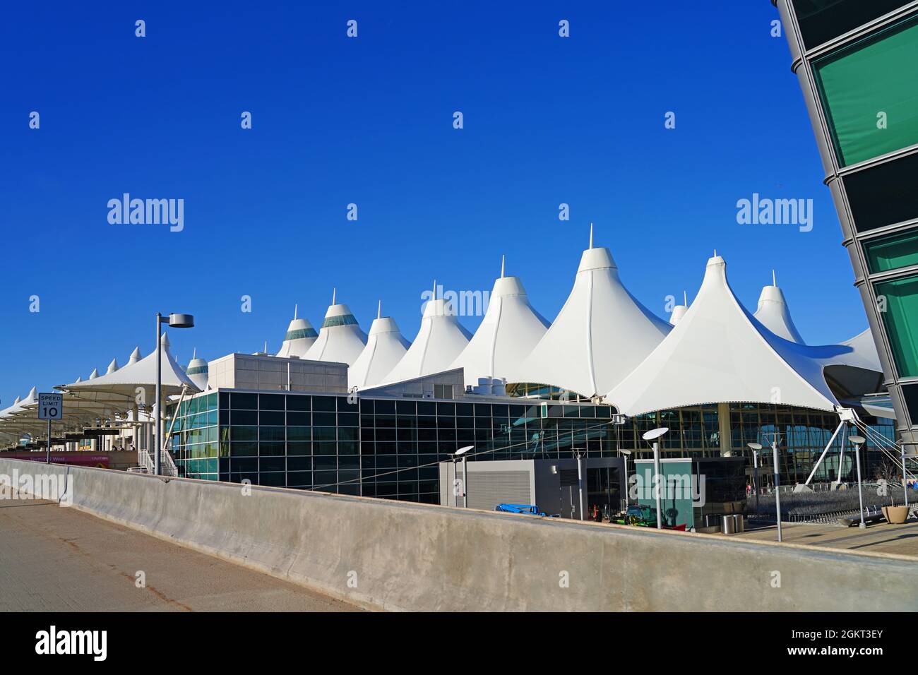 DENVER, CO 10 APR 2021 Exterior view of the Jeppesen Terminal with