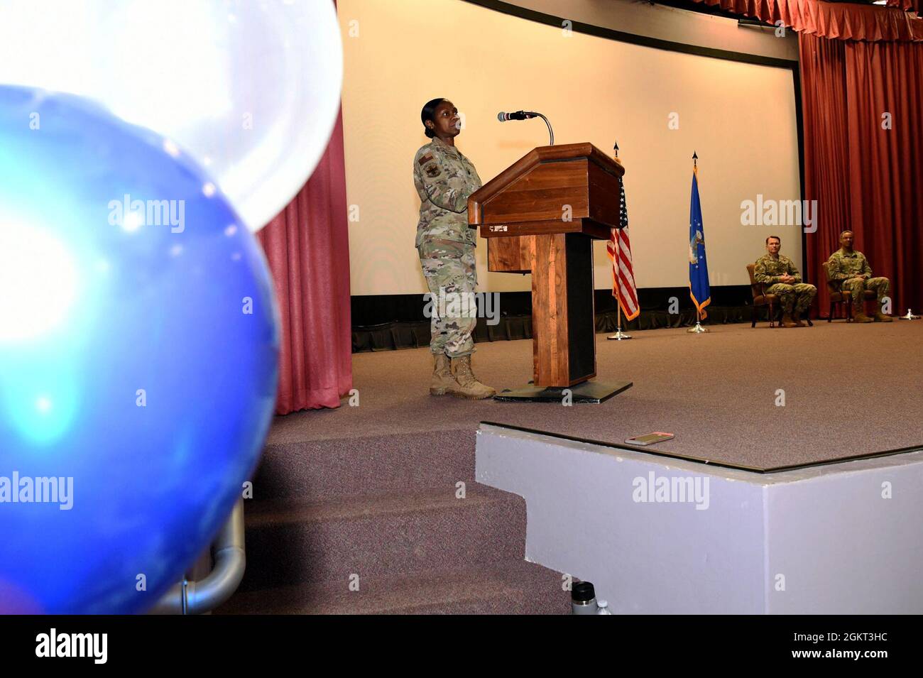 ROBINS AIR FORCE BASE, Ga. – Lt. Col. Stephanie Isaac-Francis, 78th Healthcare Operations Squadron commander, addresses new squadron members during the 78th Medical Support Squadron deactivation  ceremony June 24, 2021, at Robins Air Force Base, Georgia. The 78th HCOS received some of the flights from the 78th MDSS with the remaining flights being restructured into the 78th Operational Medical Readiness Squadron. Stock Photo