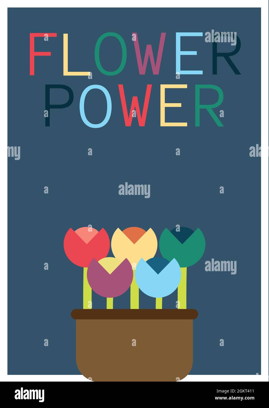 Digitally generated image of flower power text with flower pot icon against blue background Stock Photo