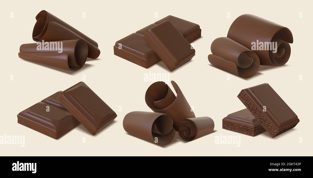 Realistic dark chocolate shavings, flakes, curls and bar pieces. 3d sweet cocoa candy spirals. Bitter or milk chocolate slices vector set Stock Vector