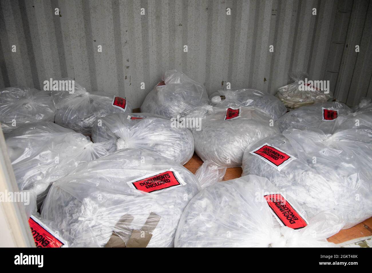 Cleared chaff, a radar countermeasure used by aircraft that consist of aluminum coated fiberglass, sits in bags at Ramstein Air Base, Germany, June 24, 2021. Chaff used by aircraft are filled with aluminum coated glass fibers and must be disposed of separately as required by German law. Airmen from the 86th MUNS have been using a makeshift constructed from a wire hanger and are partnering with the Operational Planning Team and 86th Maintenance Squadron to find a more efficient way to clear chaffs. Stock Photo