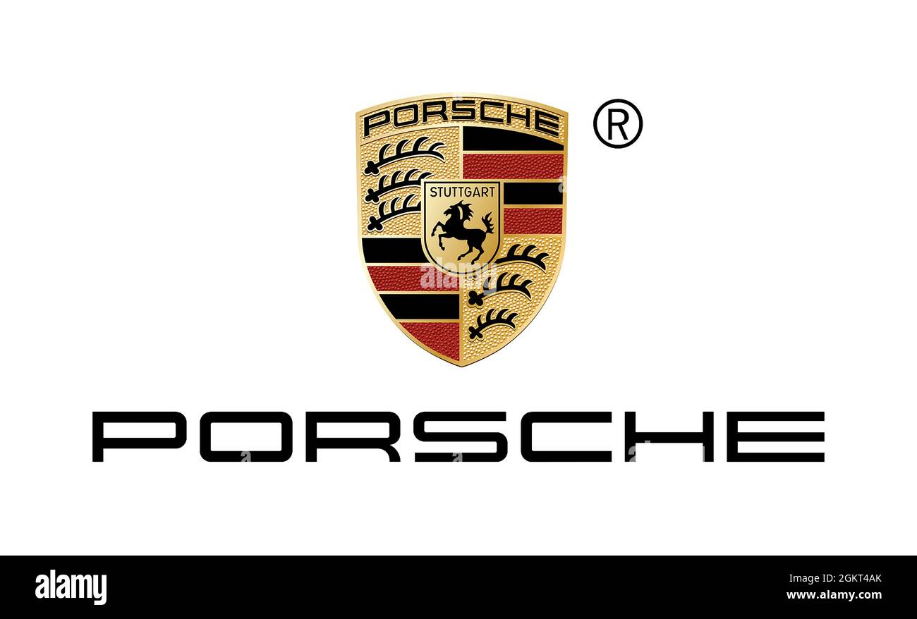 Company logo of the German automobile manufacturer Porsche with seat in Stuttgart - Germany. Stock Photo