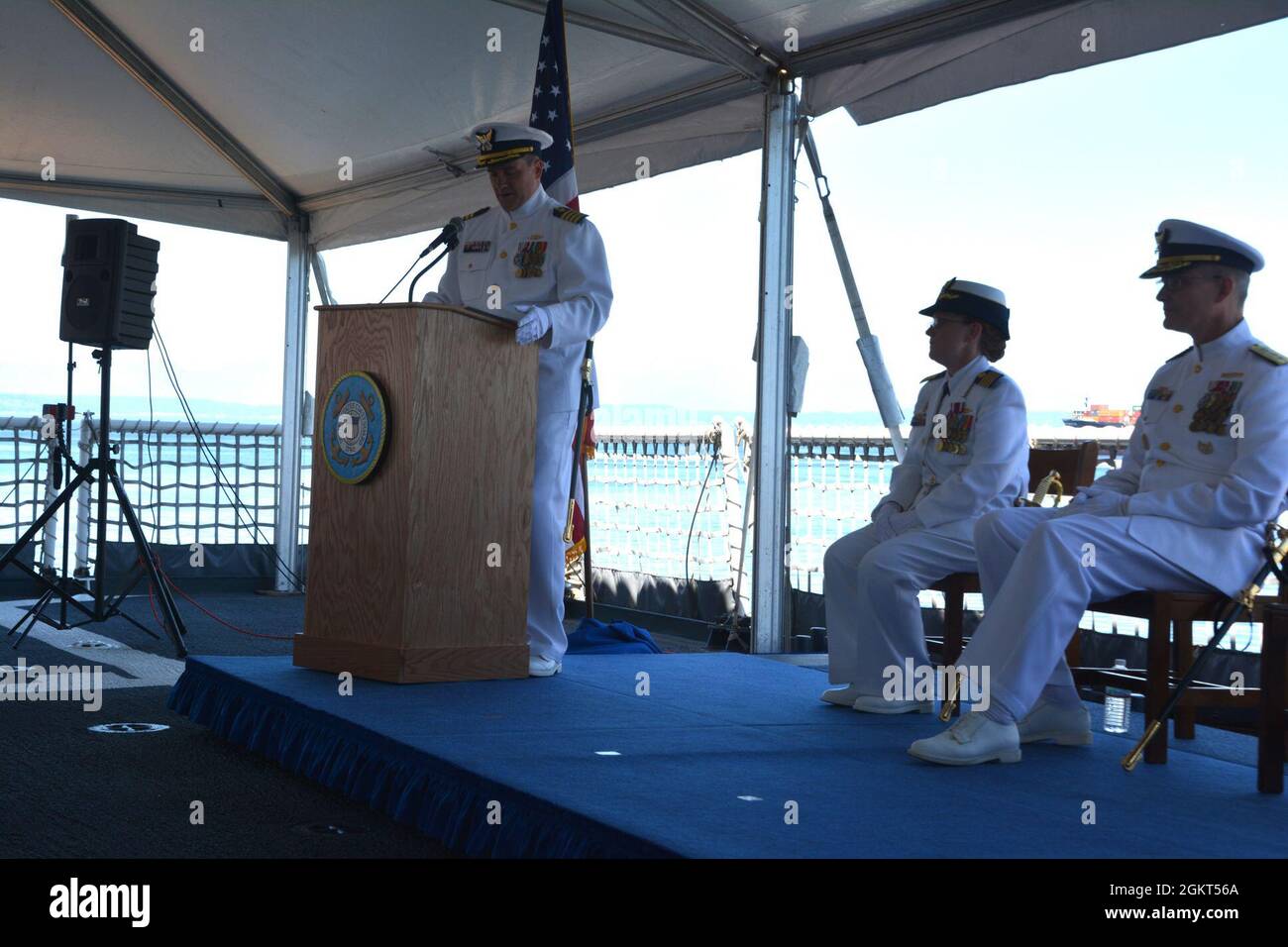 Capt. Kenneth J. Boda speaks during the Coast Guard Cutter Healy’s (WAGB 20) change of command ceremony aboard the cutter moored at Base Seattle, June 25, 2021. Boda relieved Capt. Mary Ellen J. Durley as Healy’s commanding officer during the ceremony. Stock Photo