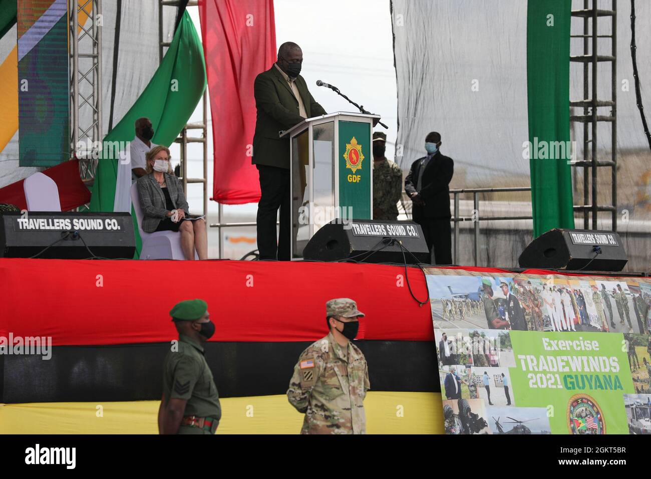 Mark Anthony Phillips, The Prime Minister of the Cooperative Republic of Guyana delivers a speech for a closing ceremony during Tradewinds 2021, Co-operative Republic of Guyana, June 25. The Florida Army National Guard’s (FLARNG) 2nd Battalion, 54th Security Force Assistance Brigade (SFAB) joined other reserve and active duty components as advisors to international forces throughout the training exercise. Tradewinds 2021 is a U.S. Southern Command sponsored Caribbean security-focused exercise in the ground, air, sea, and cyber domains, working with partner nations to conduct joint, combined an Stock Photo