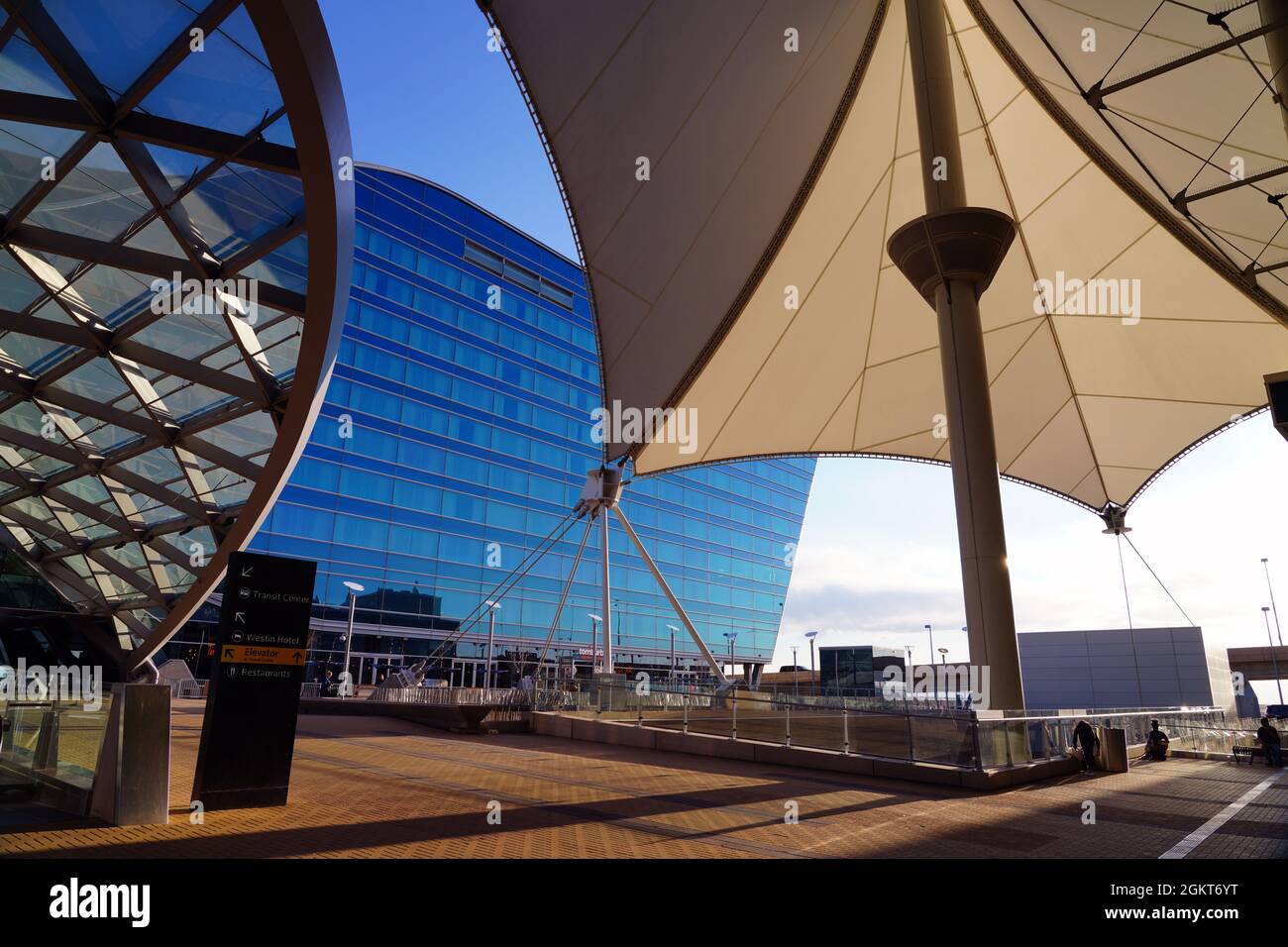 DENVER, CO -10 APR 2021- Interior view of the Jeppesen Terminal with white tent roof at Denver International Airport, or DIA (DEN). Stock Photo