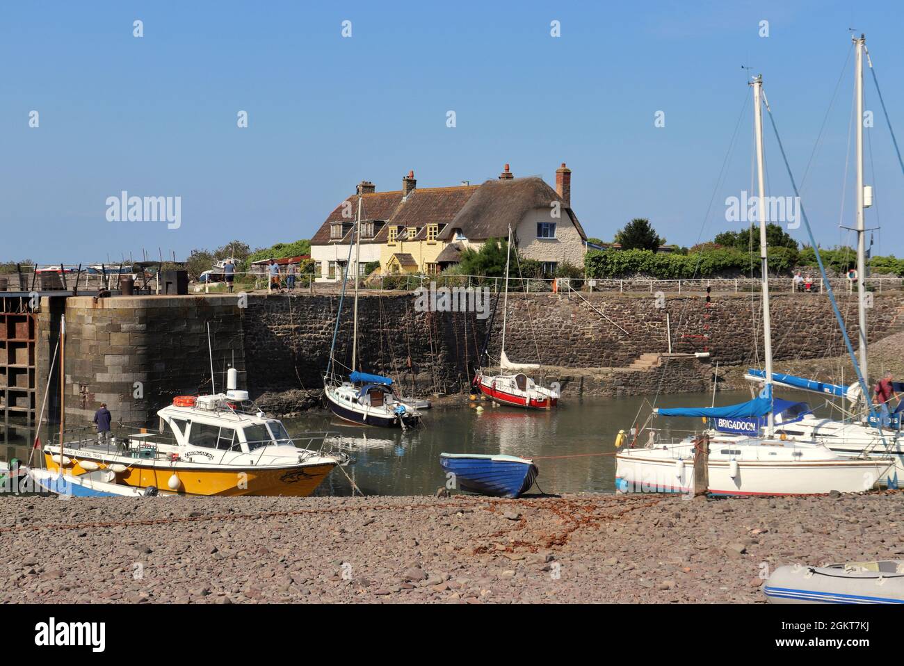 Porlock Weir in North Somerset, England, wit moored boats in the harbour Stock Photo