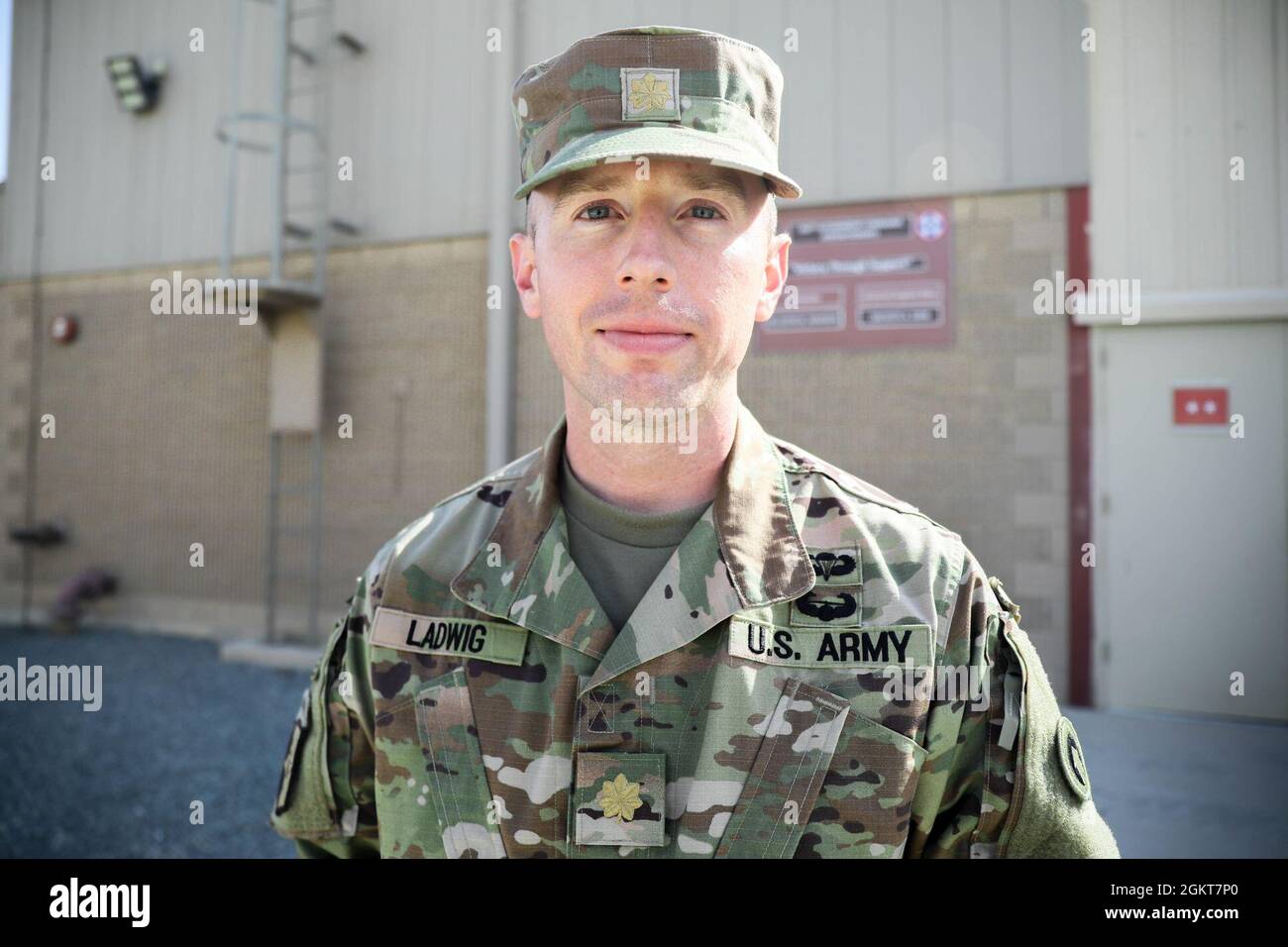 Maj. Timothy Ladwig, aide de camp, 1st Theater Sustainment Command, was just frocked to the rank of major during a ceremony at Camp Arifjan, Kuwait, June 26, 2021. Ladwig stated he was thankful for the opportunity given to him by the 1st TSC. Stock Photo