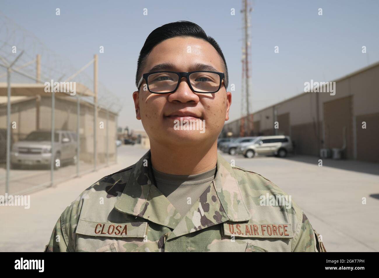 Tech Sgt. Louis V. Closa, contracting officer, 408th Contracting Sustainment Brigade, poses for a picture after an awards ceremony at Camp Arifjan, Kuwait, June 26, 2021. Closa was recognized as the Sustainer of the Week. Stock Photo
