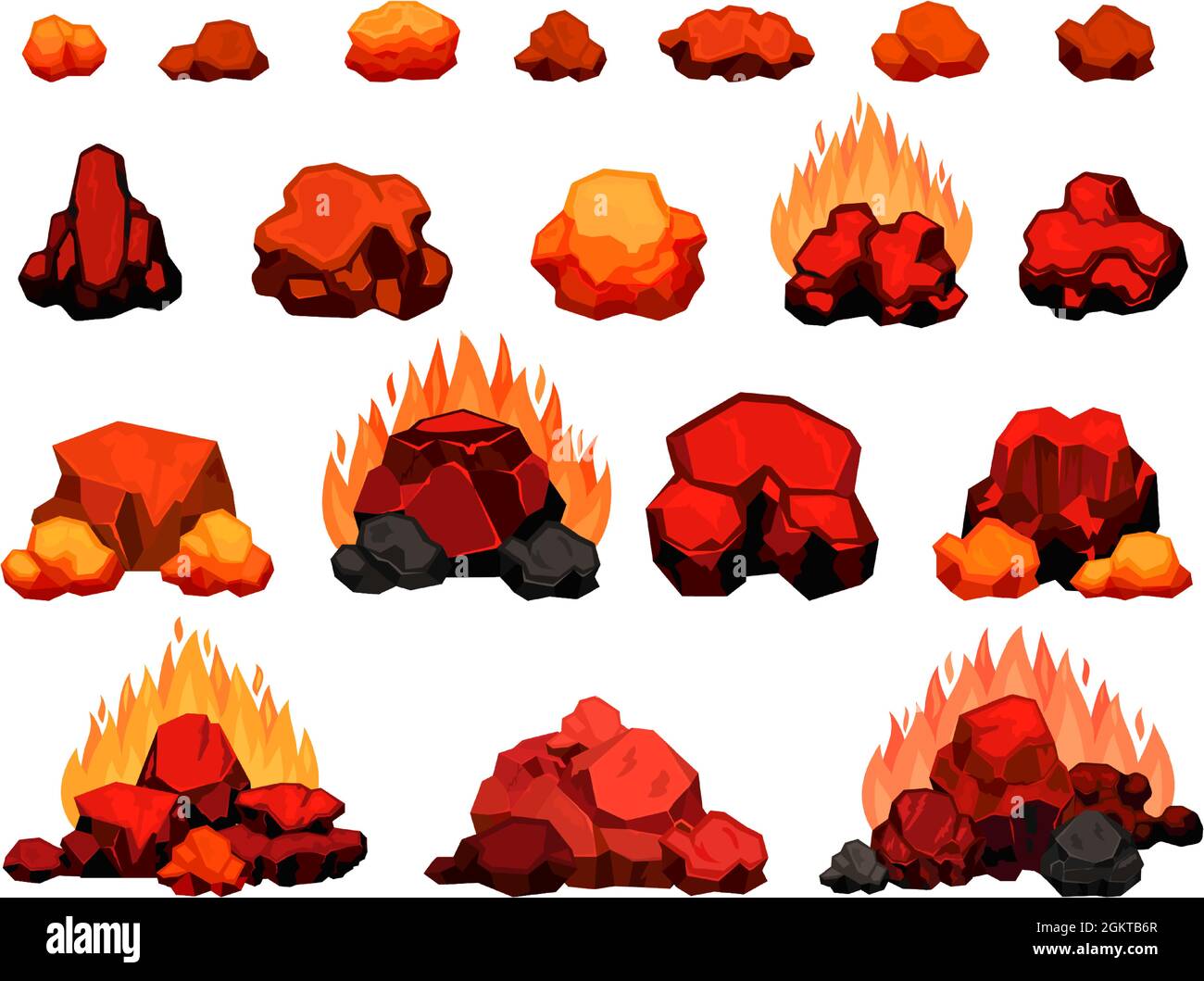 Cartoon burning bonfire with hot charcoal pieces for barbecue. Wood coal pile with flame for grill or bbq. Red heat coal for oven vector set Stock Vector