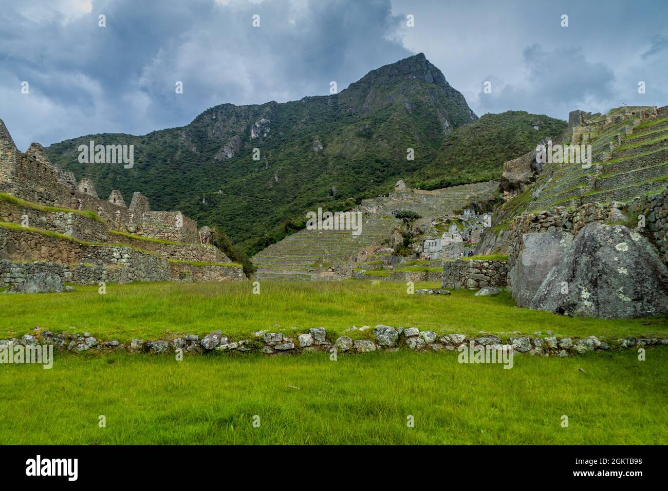 Former agricultural terraces and buildings at Machu Picchu ruins, Peru ...