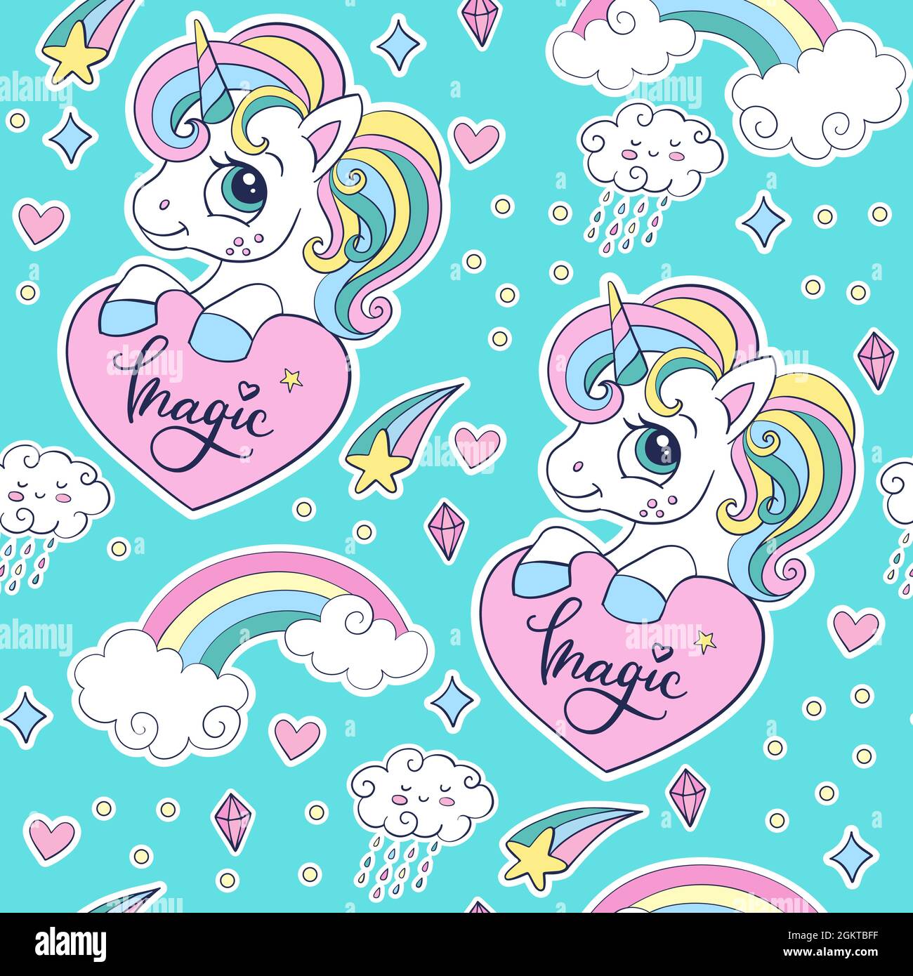 Seamless pattern with cute unicorns with a heart, rainbow and stars ...