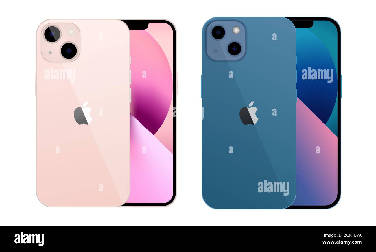 Vinnytsia, Ukraine - September 15, 2021. New iphone13 in two colors Pacific Blue and Pink Colors by Apple Inc. Mock-up screen iphone and back side iph Stock Vector