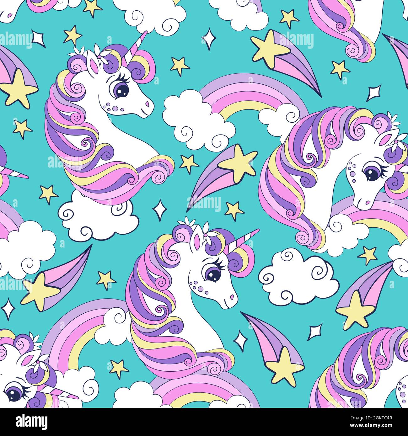 Seamless pattern with cute unicorns, clouds, rainbow and comets. Magic ...