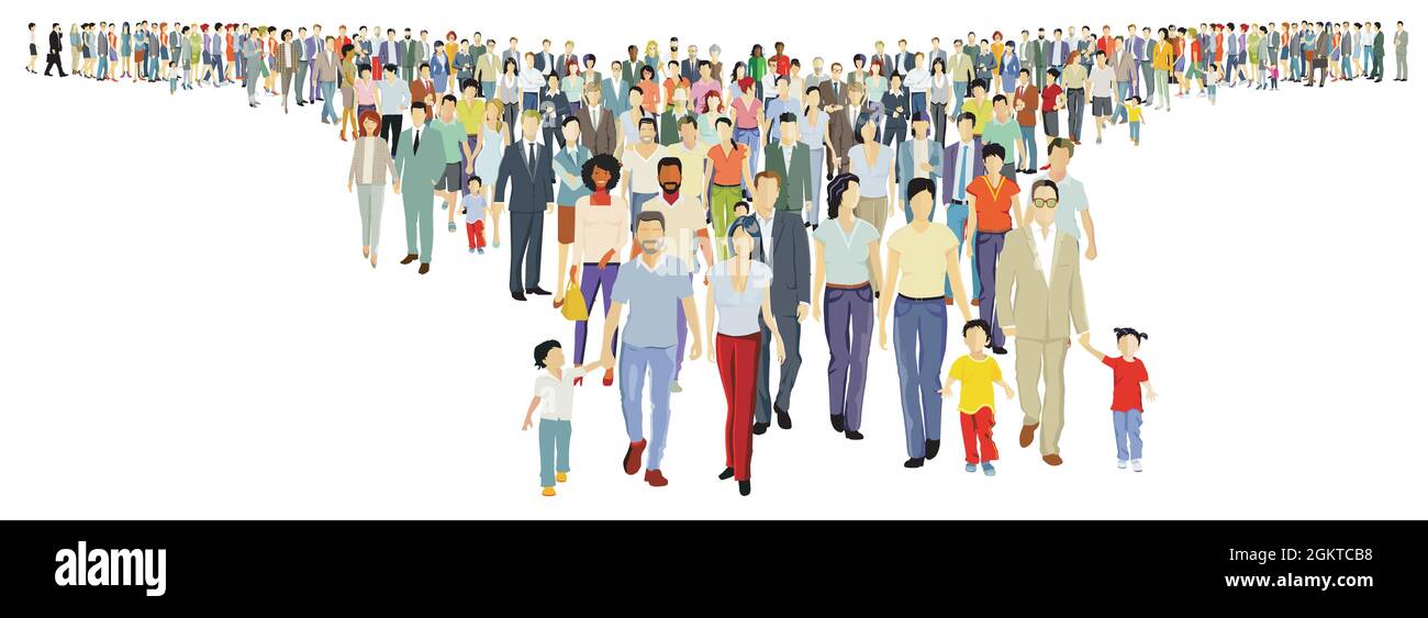 Large group of people step forward, on white background. Vector illustration Stock Vector