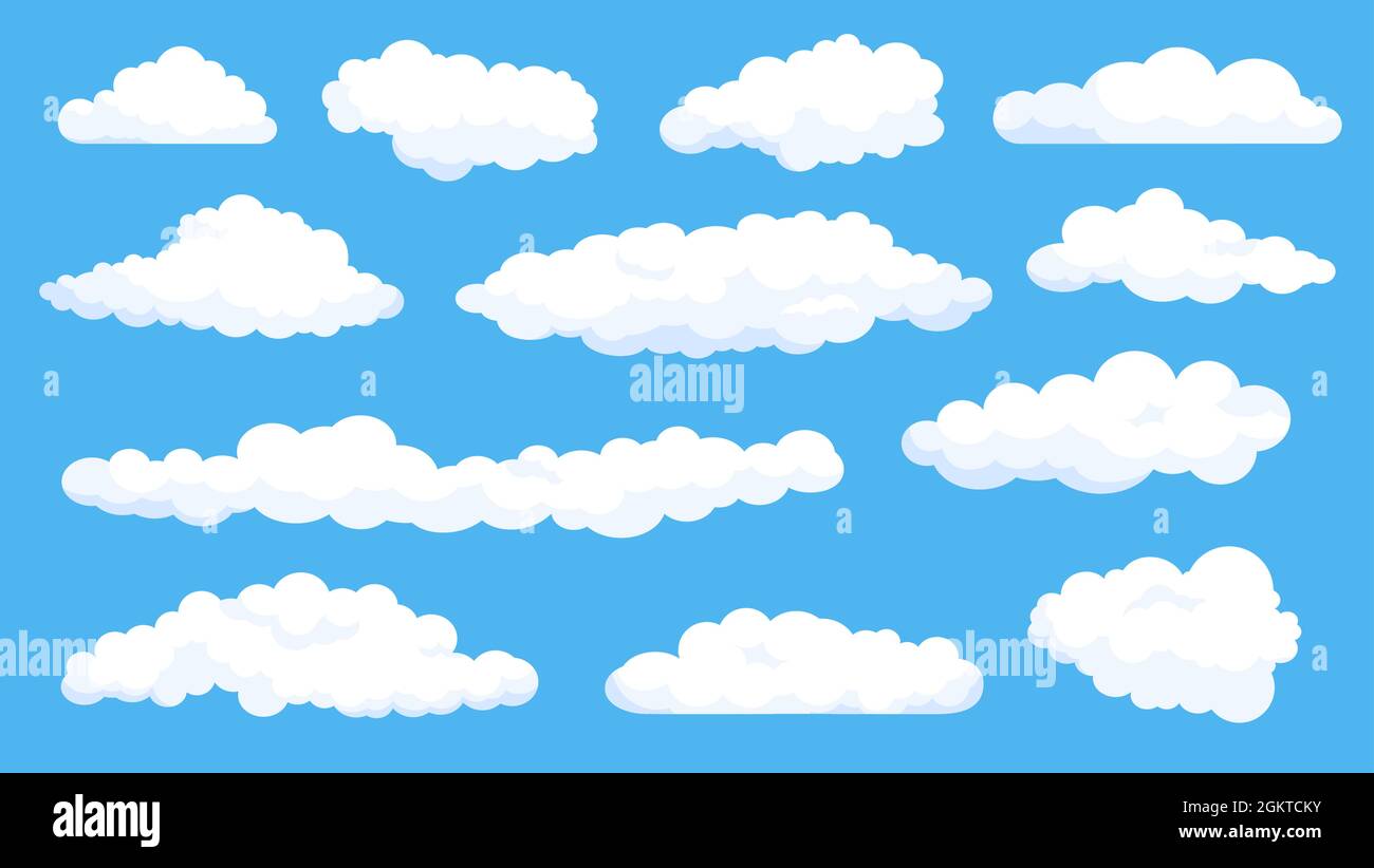 Cartoon fluffy white clouds on summer blue sky. Cloudy weather comics ...