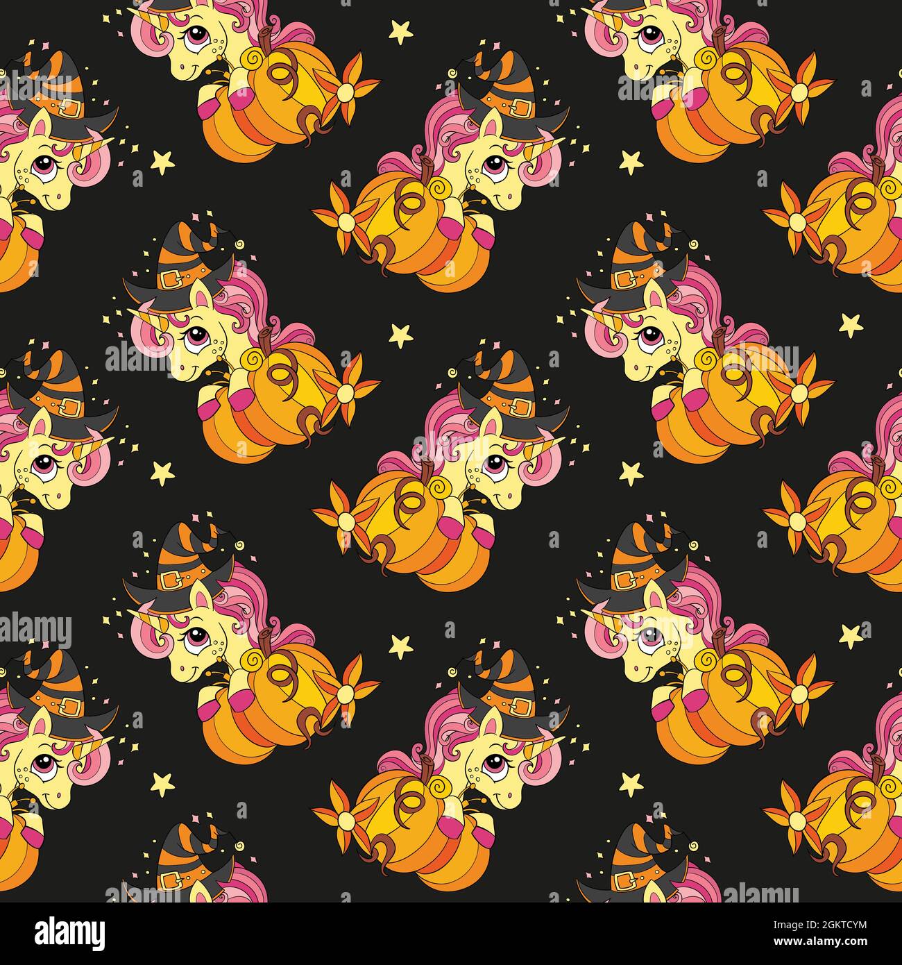 Seamless pattern with cute Halloween unicorn in the hat and pumpkins