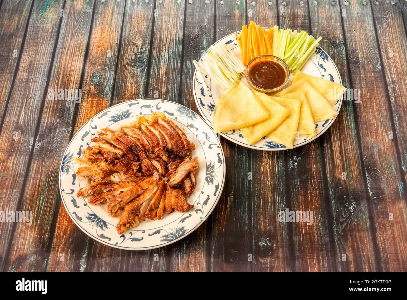 Ingredient dishes for the Peking duck recipe with vegetables, tortillas