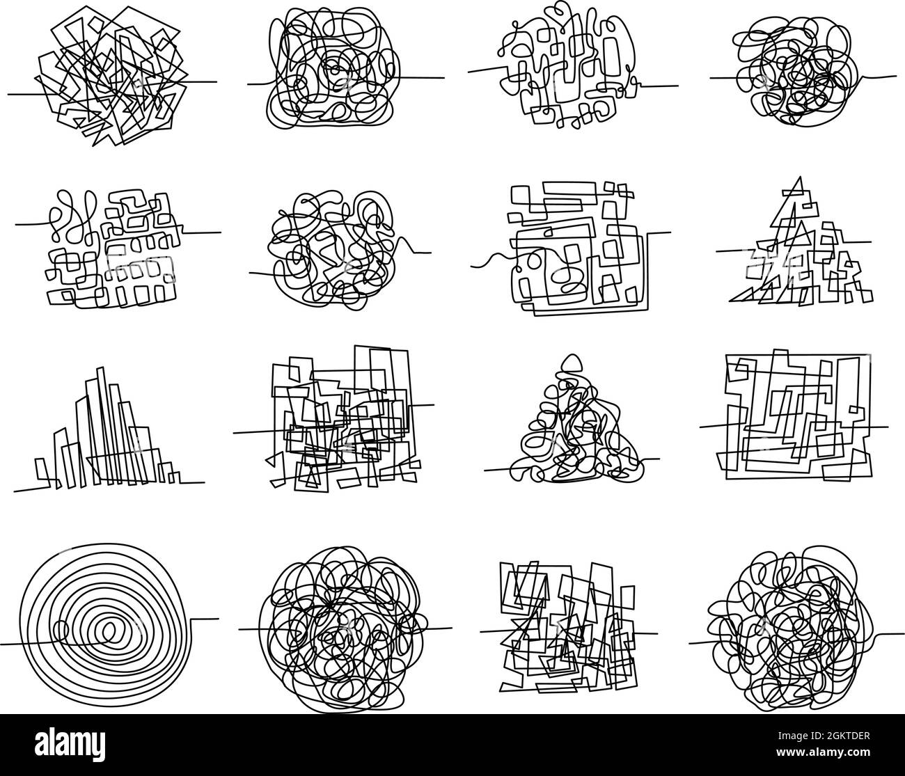 Chaos line scribbles and random tangled maze shapes. Pen doodle concept of messy thoughts, complicated problem and confused mind vector set Stock Vector