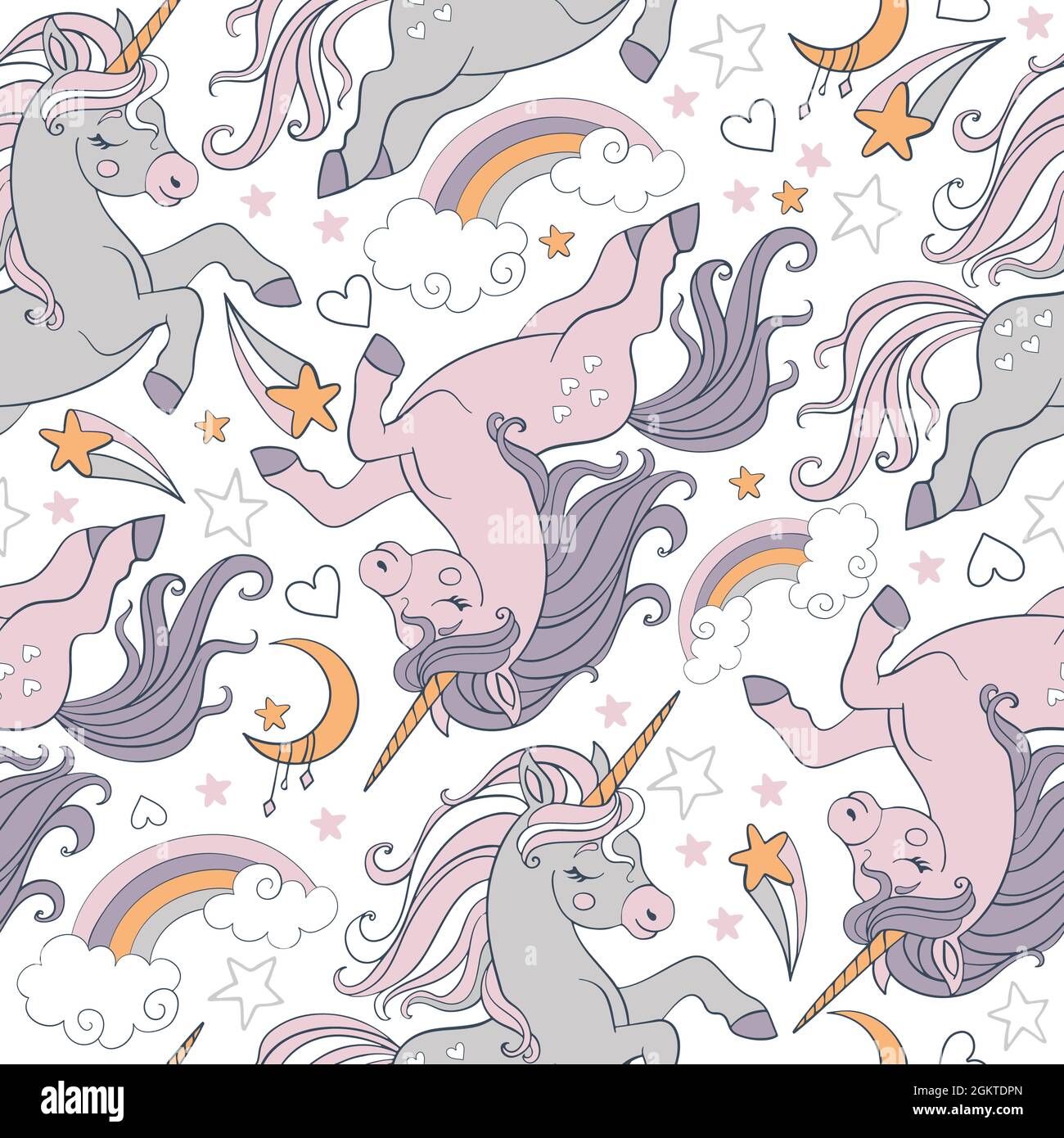 Seamless pattern with cute dreaming unicorns, rainbow and stars. Magic ...