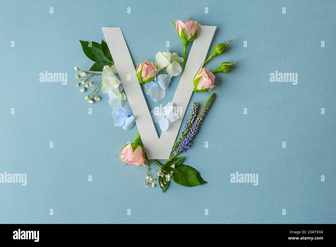 Composition With Letter V And Beautiful Flowers On Color Background Stock Photo Alamy