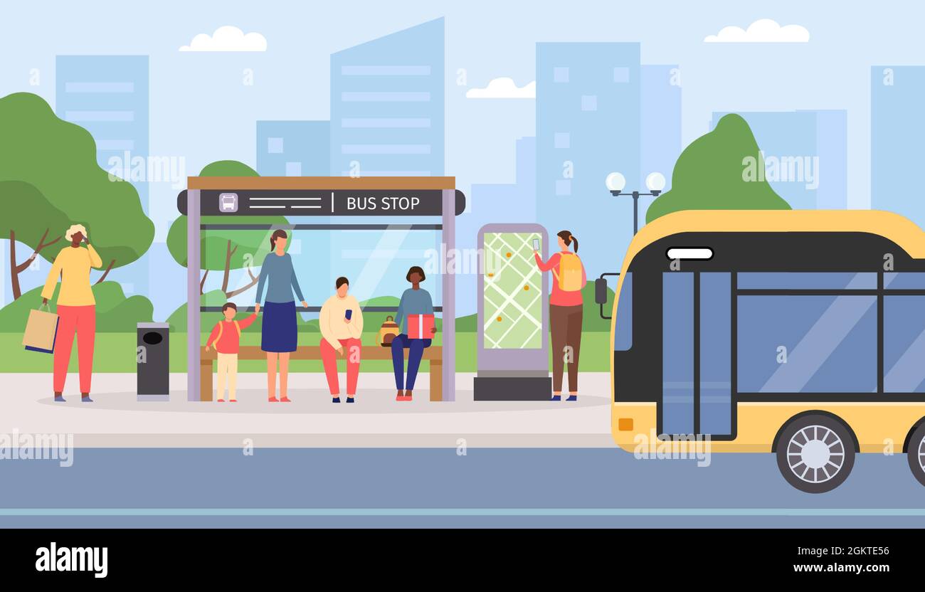 Flat people waiting at city public bus stop. Passengers sitting and  standing at station, bus arriving. Urban travel transport vector concept  Stock Vector Image & Art - Alamy