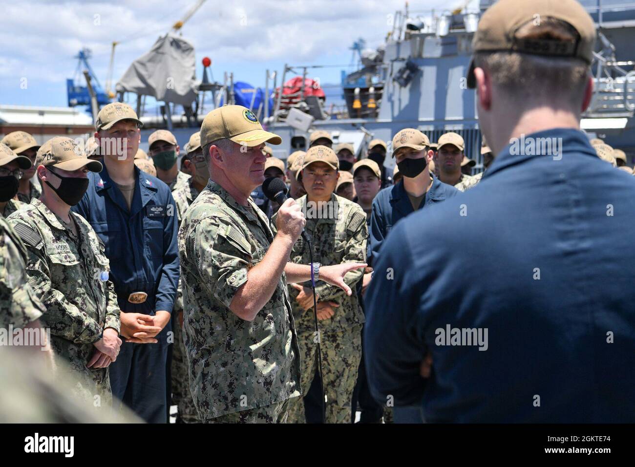 Adm. Samuel Paparo, commander of U.S. Pacific Fleet, addresses the crew ...