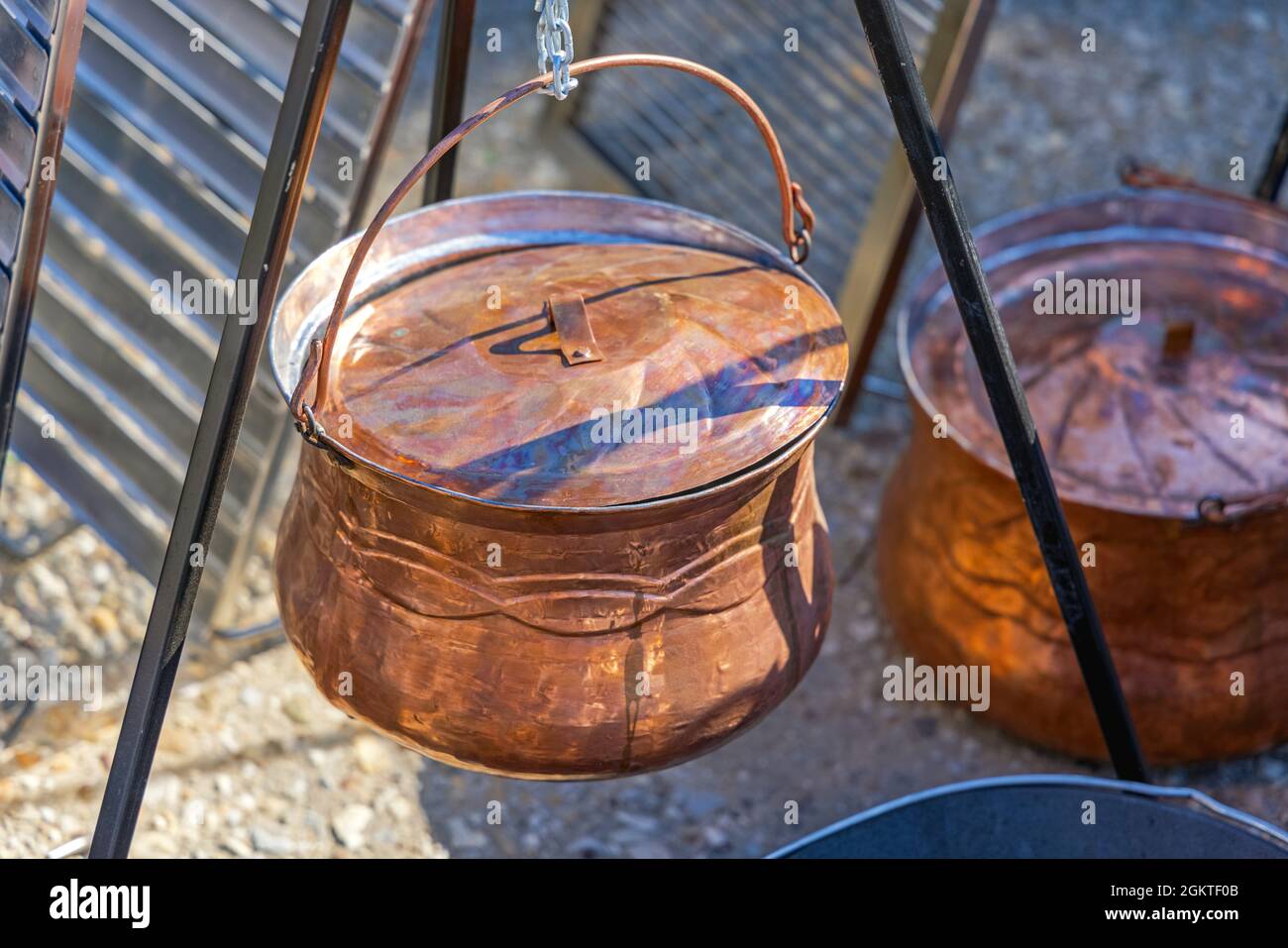 Copper Pot Cauldron Metalware Outdoor Cooking With Tripod Stock Photo