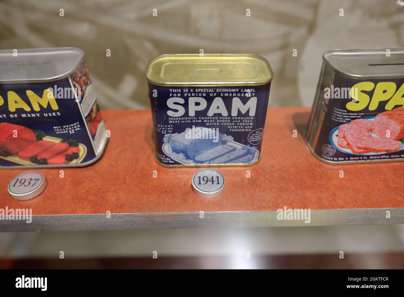 Canned Spam from different periods exhibit in Spam Museum.Austin