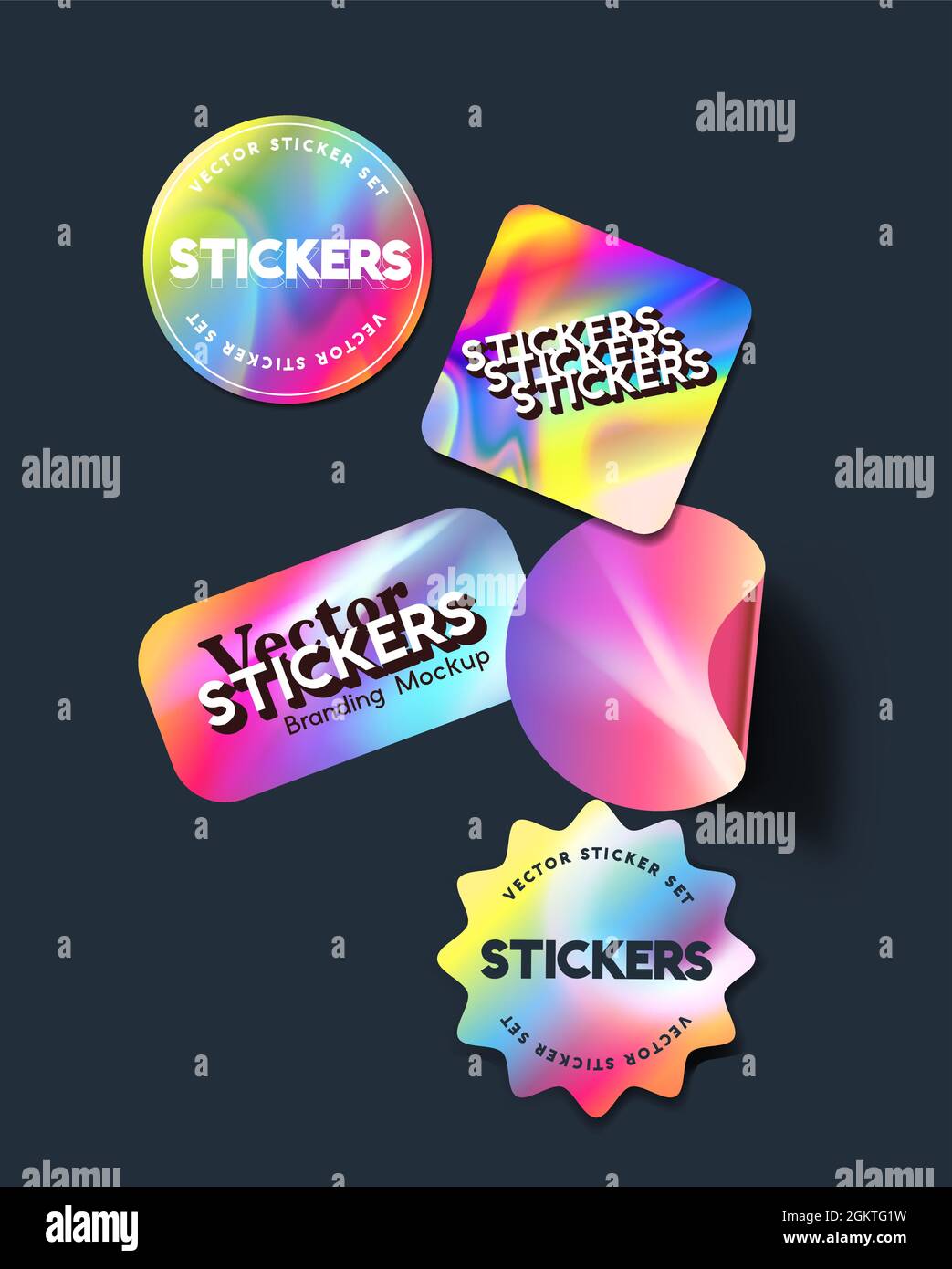 Shiny iridescent holographic sticker labels collection. Vector mockup