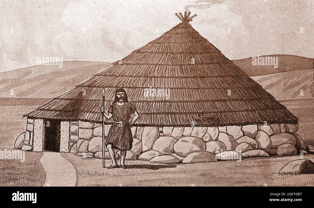 A vintage illustration showing    a Stone Age / Bronze Age round house dwelling Stock Photo