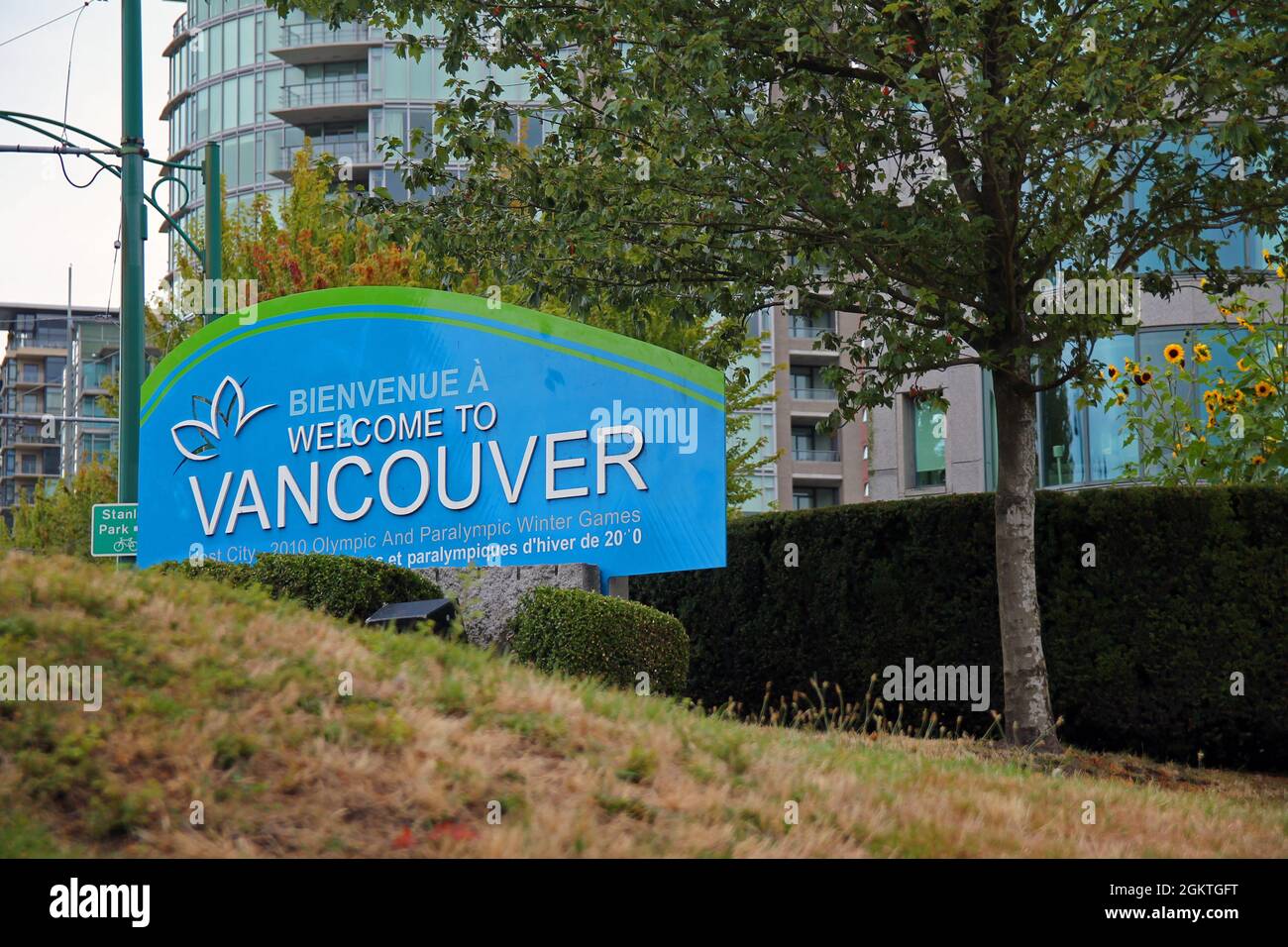 Welcome to Vancouver sign on the entrance of the Island Stock Photo