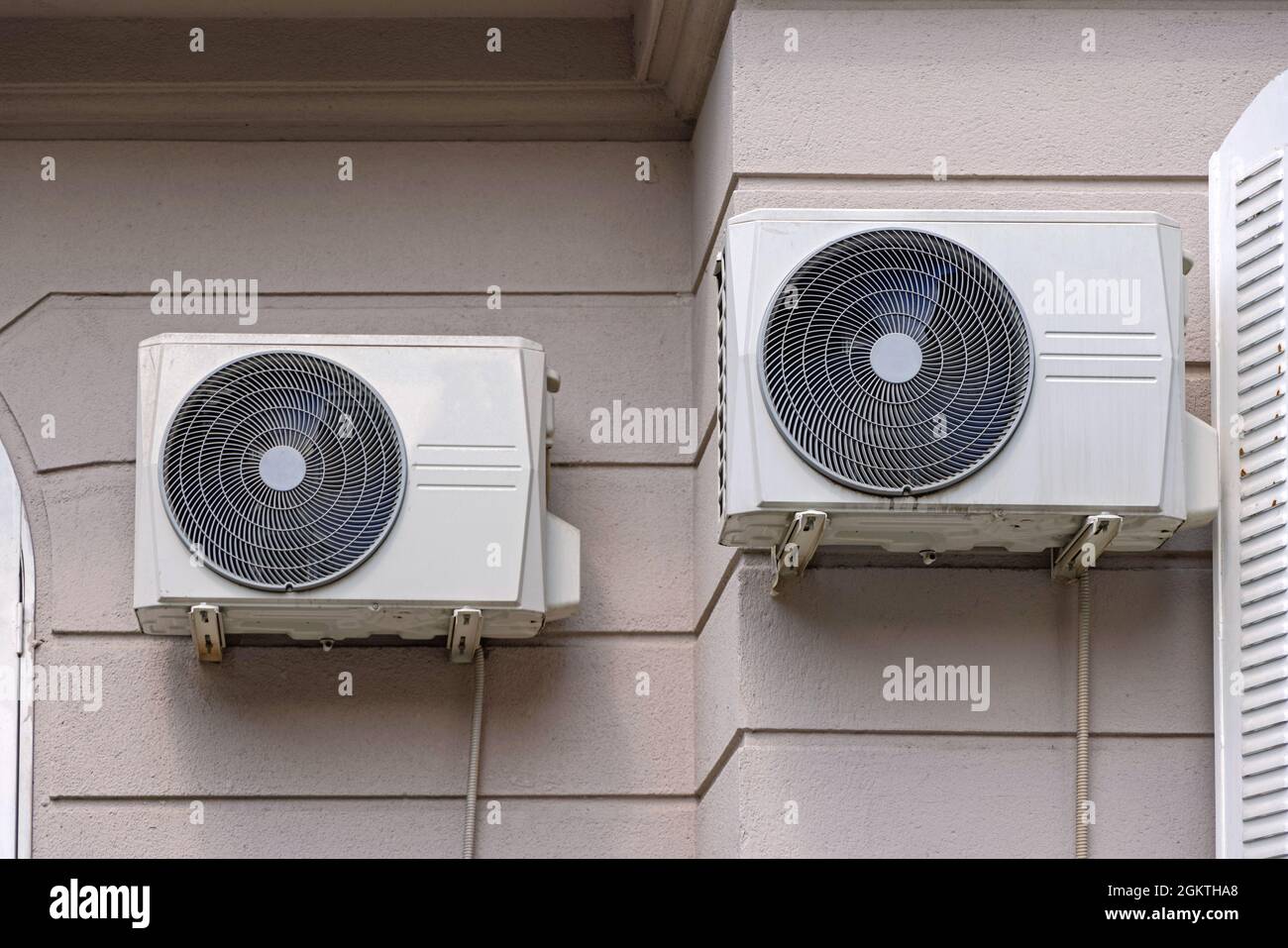 Two Big Air Conditioner Units at House Exterior Wall Stock Photo Alamy