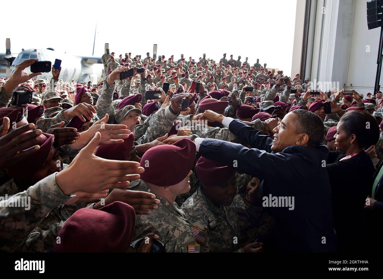 Dec. 14, 2011'There was a sea of maroon berets as the President and First Lady greeted troops following remarks on the end of America’s war in Iraq, at Fort Bragg, N.C.' (Official White House Photo by Pete Souza)  This official White House photograph is being made available only for publication by news organizations and/or for personal use printing by the subject(s) of the photograph. The photograph may not be manipulated in any way and may not be used in commercial or political materials, advertisements, emails, products, promotions that in any way suggests approval or endorsement of the Pres Stock Photo