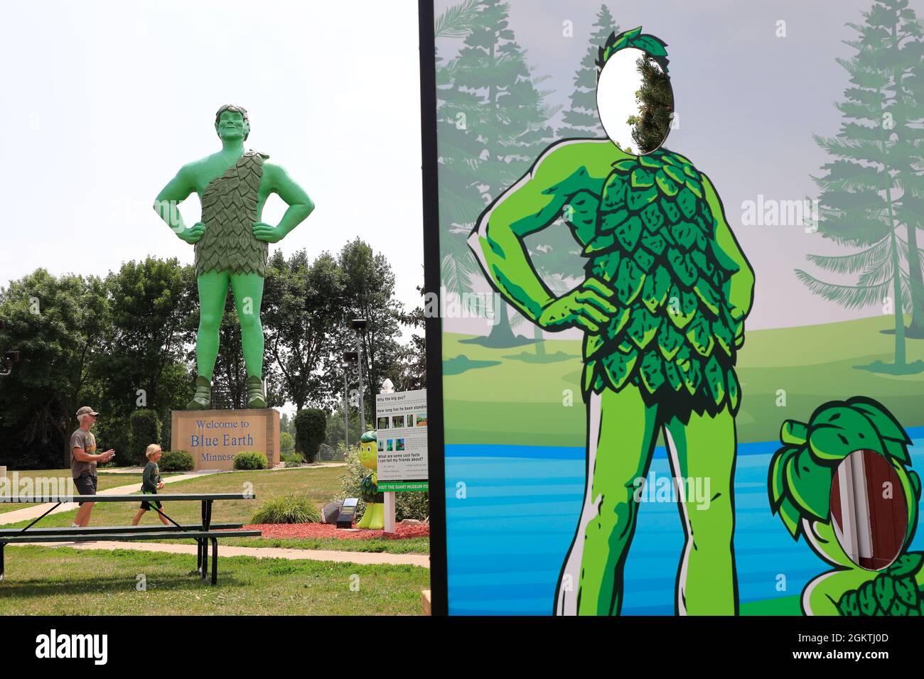 Jolly Green Giant statue with a photo stand-in board in foreground in Green Giant Statue Park.Blue Earth.Minnesota.USA Stock Photo