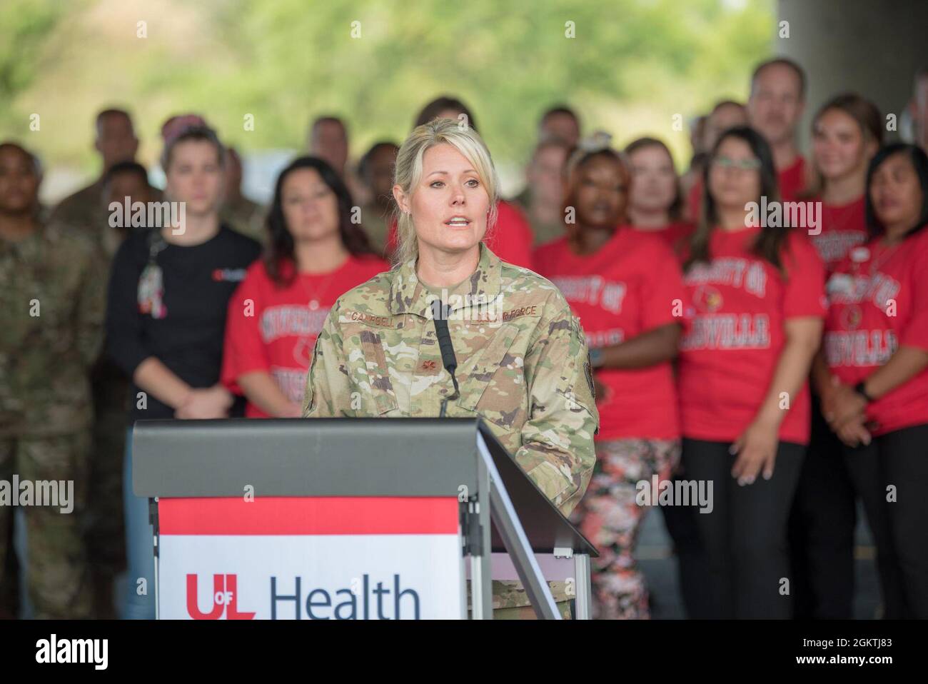 Maj. Tiffany Campbell, officer-in-charge of a Kentucky National Guard team that has supported a drive-thru COVID testing and vaccination site for 15 months, speaks during a ceremony to mark its closure in downtown Louisville, Kentucky, on June 30, 2021. The Guard has assisted medical staff from the University of Louisville with 17,160 COVID tests and the vaccination of more than 145,230 citizens. Stock Photo
