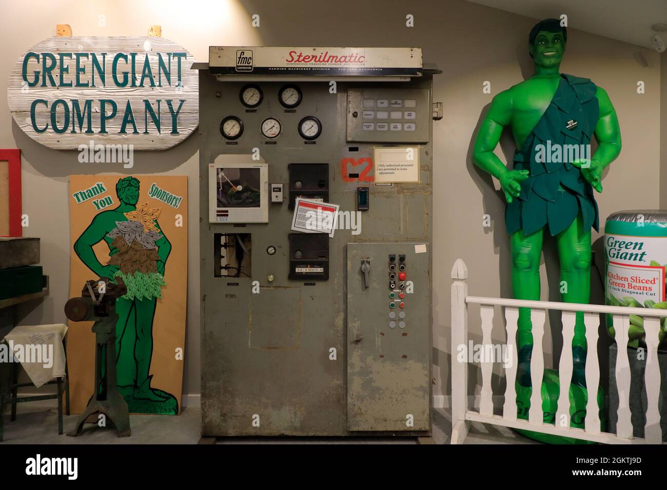 Interior view of Green Giant memorabilia and souvenirs display in Green Gian Museum.Blue Earth