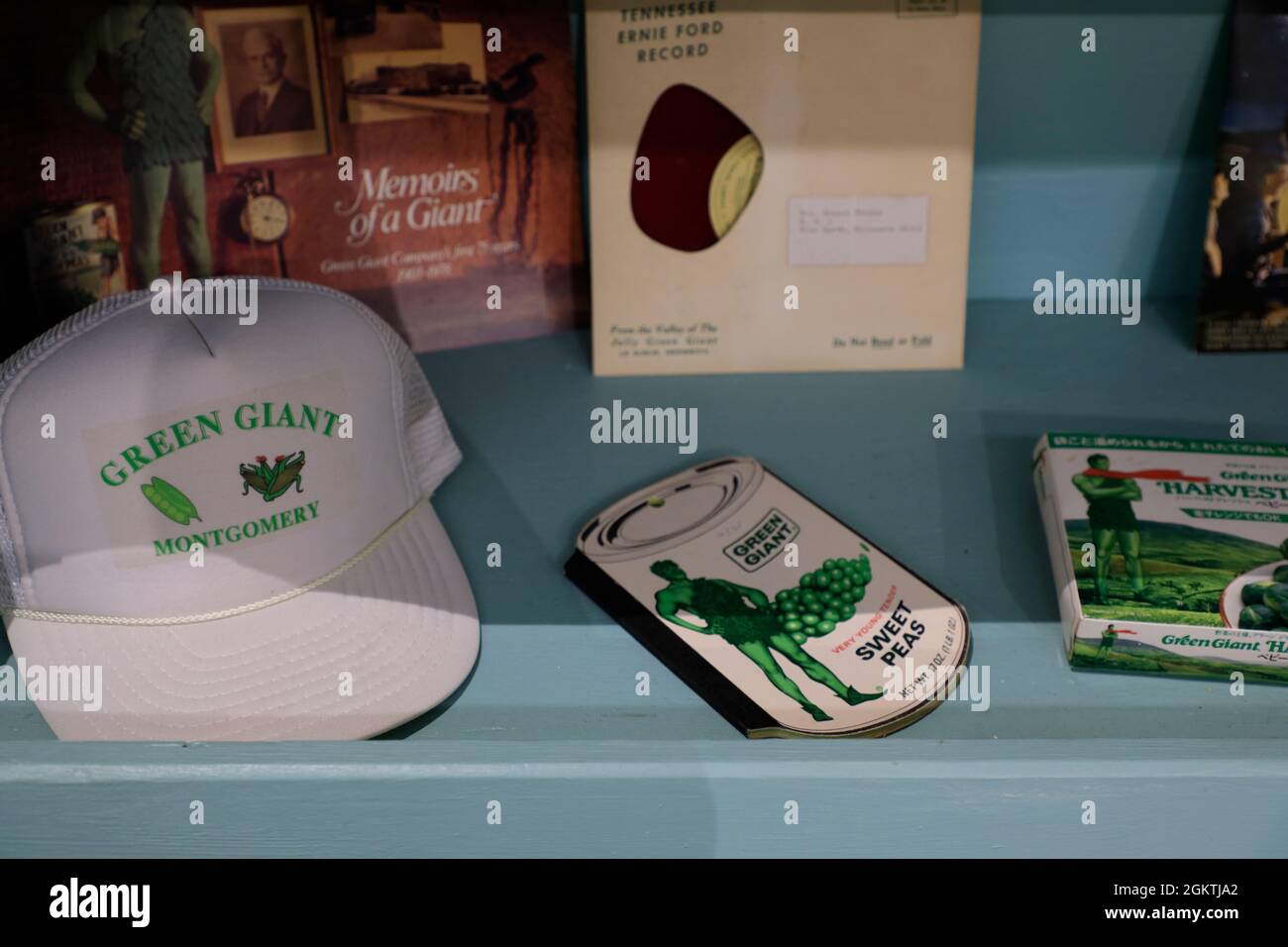 Interior view of Green Giant memorabilia and souvenirs display in Green Gian Museum.Blue Earth