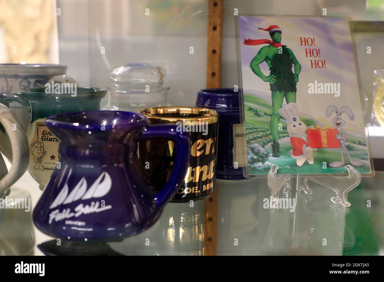Interior view of Green Giant memorabilia and souvenirs display in Green Gian Museum.Blue Earth