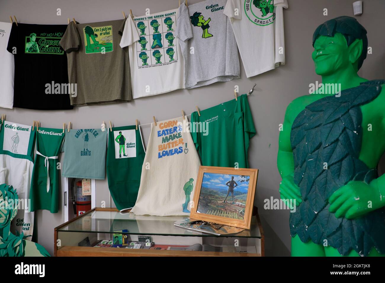 TShirts with Green Giant logo and image with a Green Giant statue display in Green Gian Museum