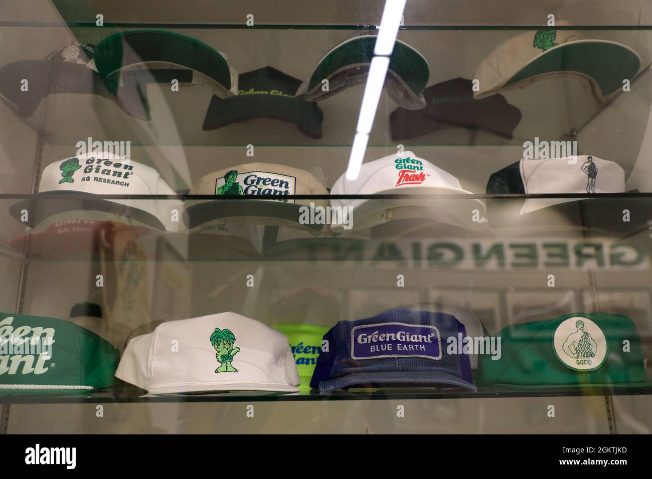 Caps with logos and images of Green Giant display in Green Gian Museum.Blue Earth.Minnesota.USA