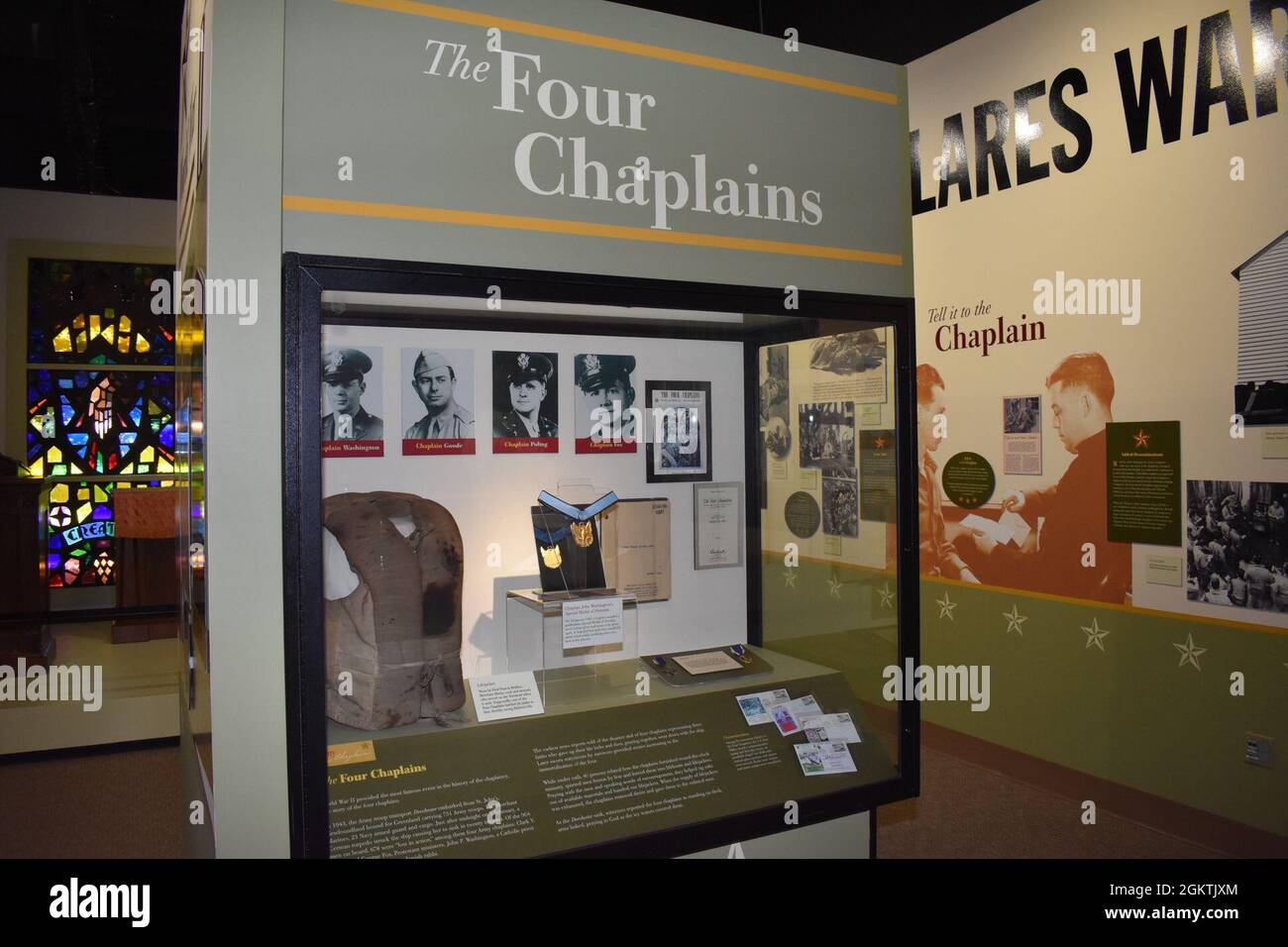 The display for The Four Chaplains at the Army Chaplain Corps Museum on Fort Jackson. The Four Chaplains Medals, or Special Medal of Heroism posthumously awarded in 1961 by Congress to the Four Chaplains who gave up their life jackets and went down with the ship when the SS Dorchester was torpedoed by a German U-boat February 3, 1943. Stock Photo