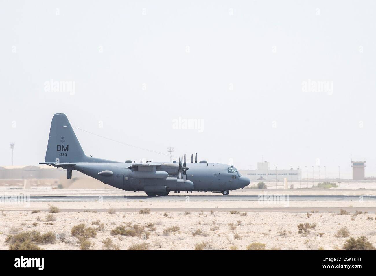 A U.S. Air Force EC-130 Compass Call aircraft, assigned to the 41st Expeditionary Electronic Combat Squadron, takes off in support of a joint, multi-national exercise at Al Dhafra Air Base (ADAB), United Arab Emirates, June 30, 2021. During the exercises, multiple platforms worked together to execute and refine tactics, techniques and procedures to counter Unmanned Aerial System threats. Conducting consistent training with partner nations ensures interoperability and the ability to defend ourselves, and reinforces security and stability in the region. Stock Photo