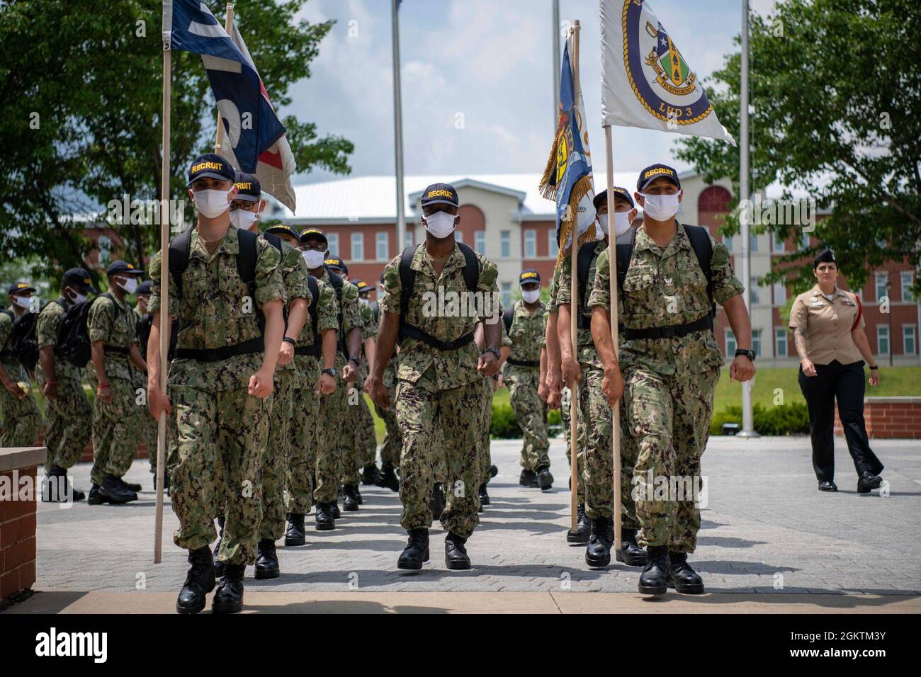 A recruit division marches in formation at Recruit Training Command. More than 40,000 recruits train annually at the Navy’s only boot camp. Stock Photo